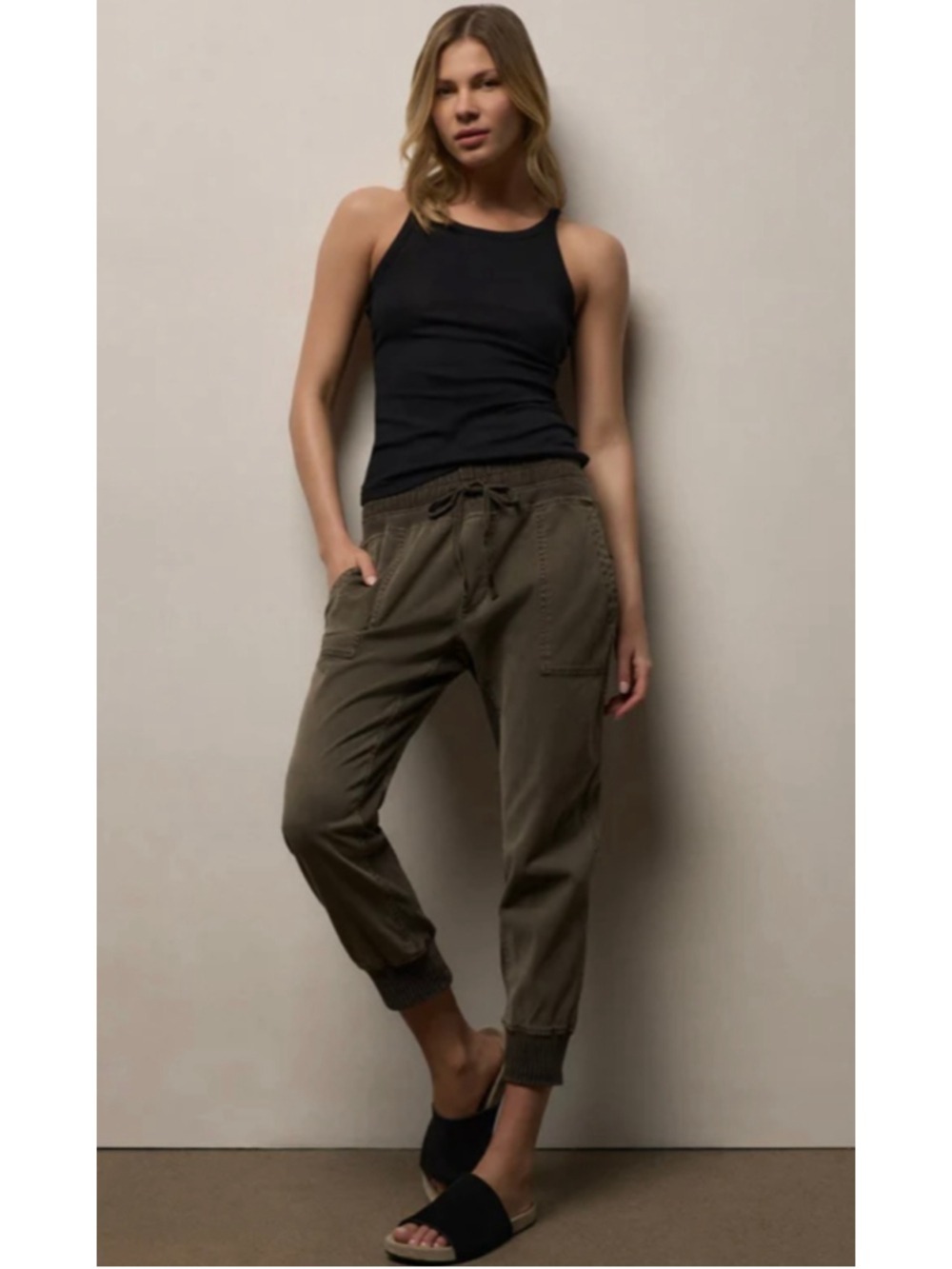 James Perse Women Mixed Media Jogger Pant Army Green Minimalist Quiet Luxury